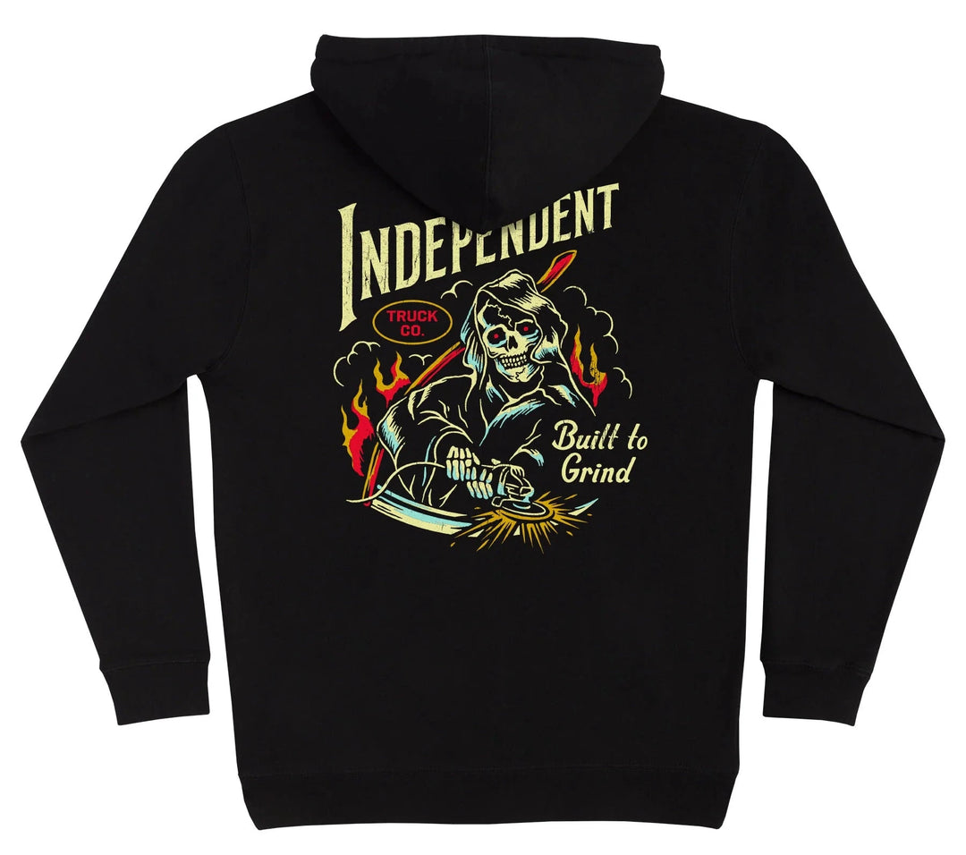 A black zip-up hoodie shown from the back, featuring a large graphic print of a skeleton with a scythe and flames. The text 'INDEPENDENT TRUCK CO' is printed above the graphic, and 'Built to Grind' is printed on the right side of the illustration.