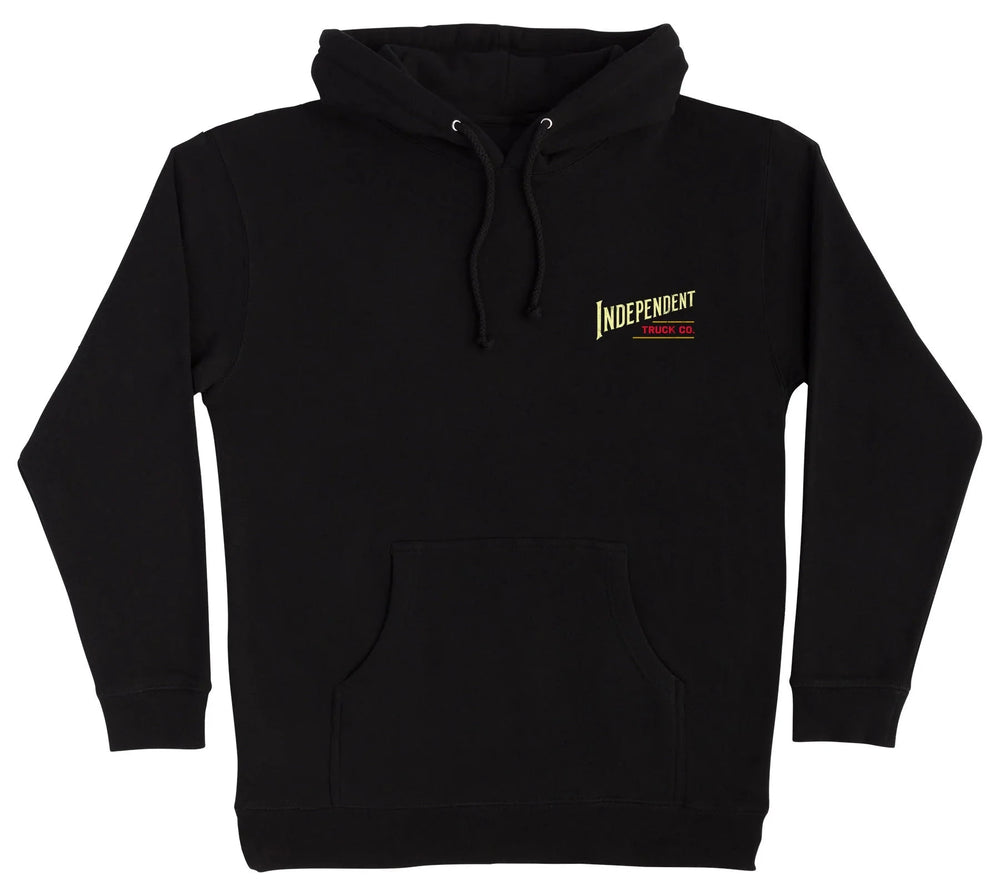 A black pullover hoodie with a small 'Independent' logo printed on the left chest, featuring a front kangaroo pocket and drawstring hood, shown against a plain white background.