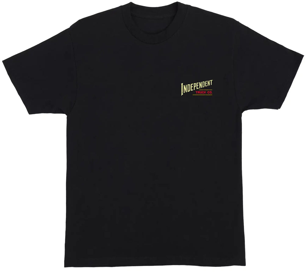 A black short-sleeve crewneck t-shirt with a small 'Independent Truck Co.' logo printed on the left chest in yellow and red, displayed against a solid white background.