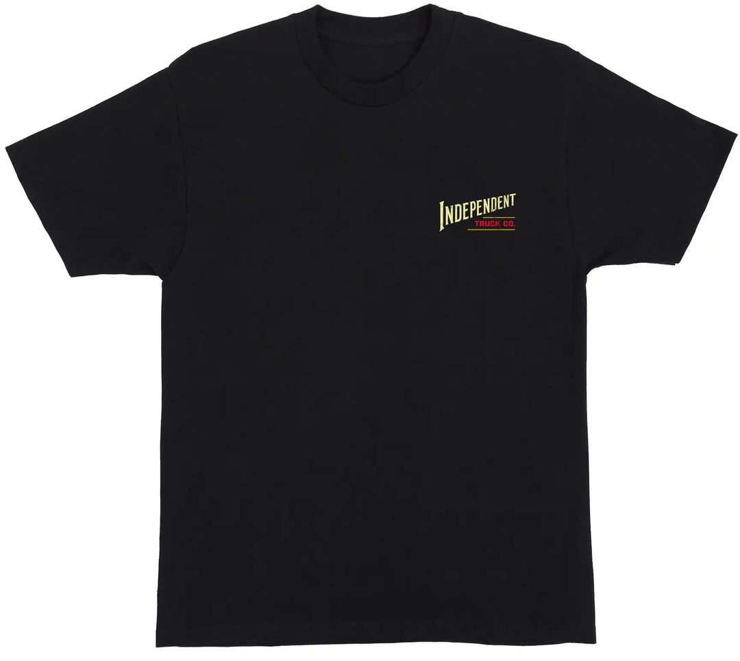 A black short-sleeve crewneck t-shirt with a small 'Independent Truck Co.' logo printed on the left chest in yellow and red, displayed against a solid white background.