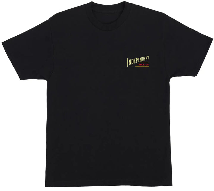 A black short-sleeve crewneck t-shirt with a small 'Independent Truck Co.' logo printed on the left chest in yellow and red, displayed against a solid white background.