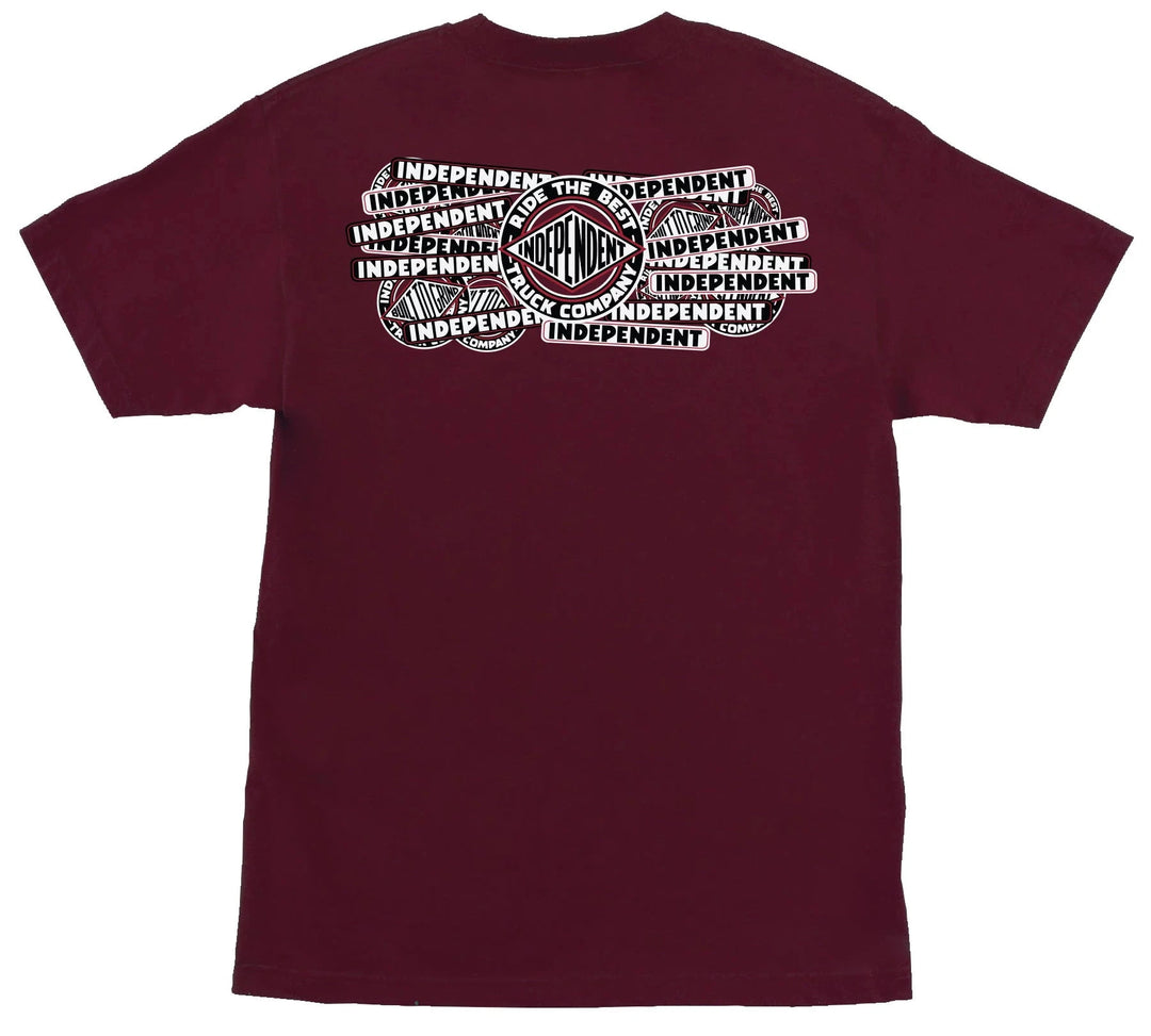 Independent Sticker Slap t-shirt maroon skate tee with front and back logo graphics