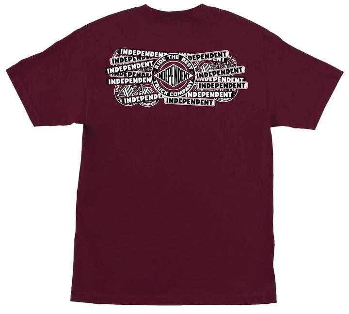 Independent Sticker Slap t-shirt maroon skate tee with front and back logo graphics
