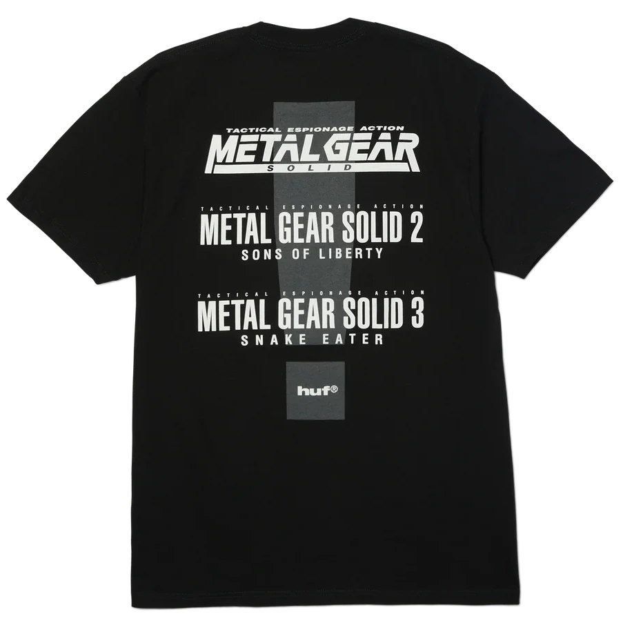 Black t-shirt with 'Metal Gear Solid' text on the back against a white background