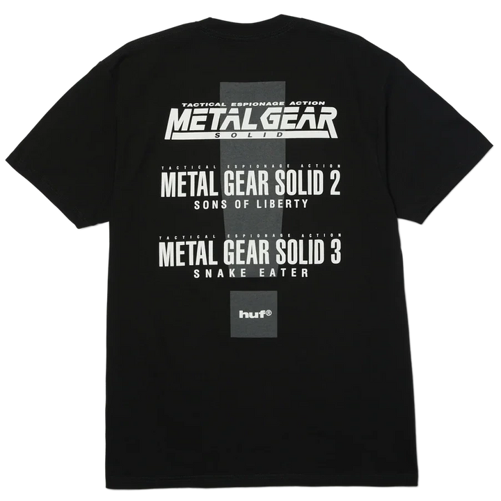 Black t-shirt with 'Metal Gear Solid' text on the back against a white background