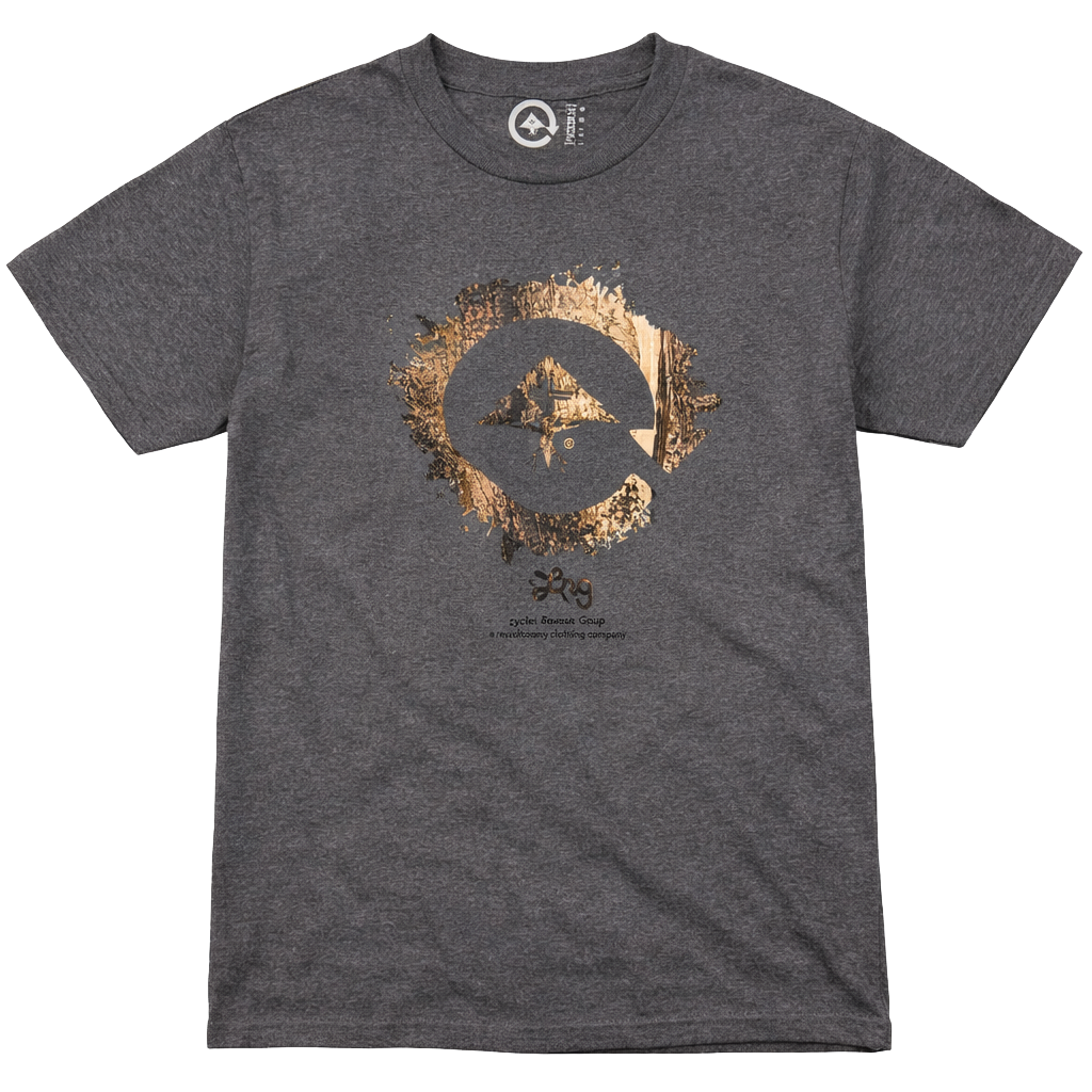 Charcoal heather LRG Cycle Logo t-shirt featuring a distressed gold-toned Cycle logo printed on the chest