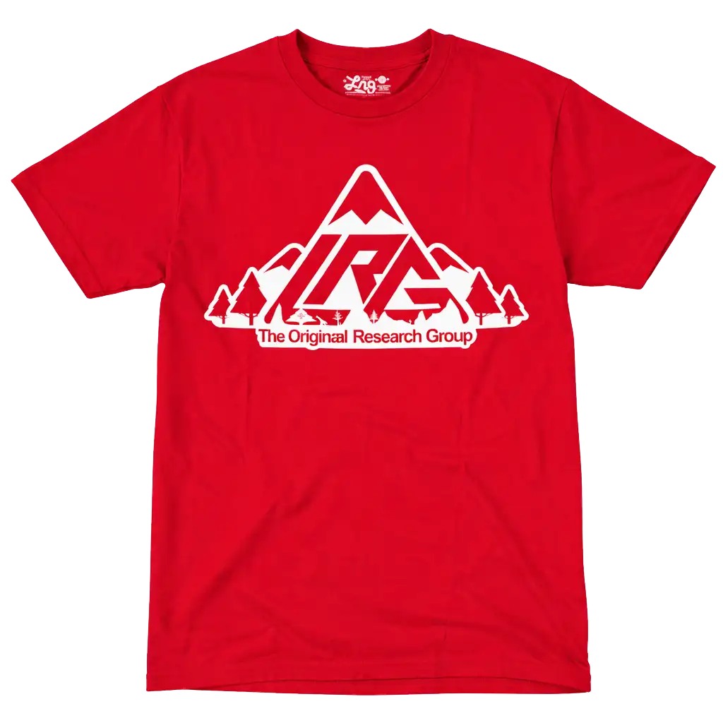 Red LRG Original Research Group t-shirt featuring the white LRG mountain logo printed on the chest
