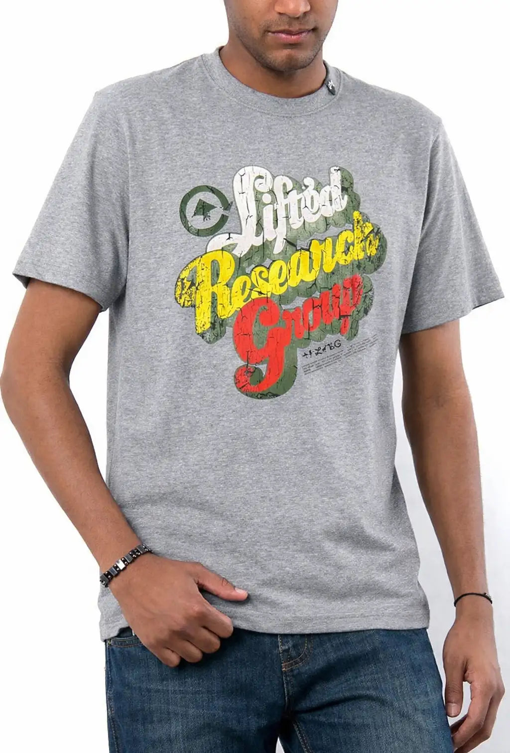 LRG Uptown Script men’s skate t-shirt with vintage faded logo graphic on the front