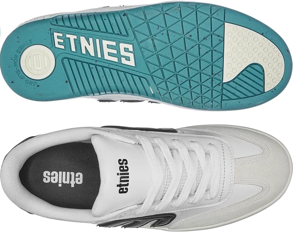 White sneakers with teal soles featuring 'Etnies' branding on a white background.