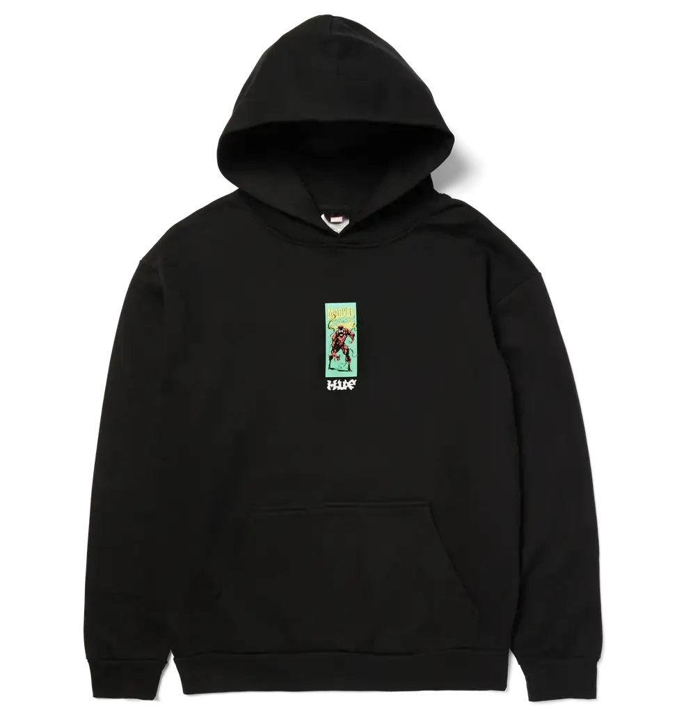 A black pullover hoodie with a small vertical graphic print on the left chest featuring a character and the text 'HALO' below it, displayed against a plain white background.