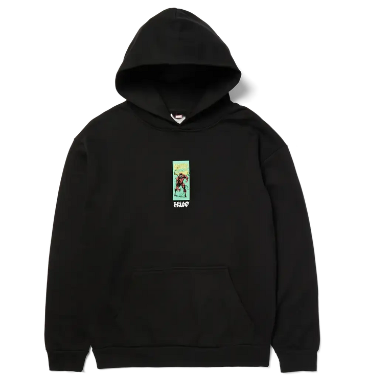 A black pullover hoodie with a small vertical graphic print on the left chest featuring a character and the text 'HALO' below it, displayed against a plain white background.
