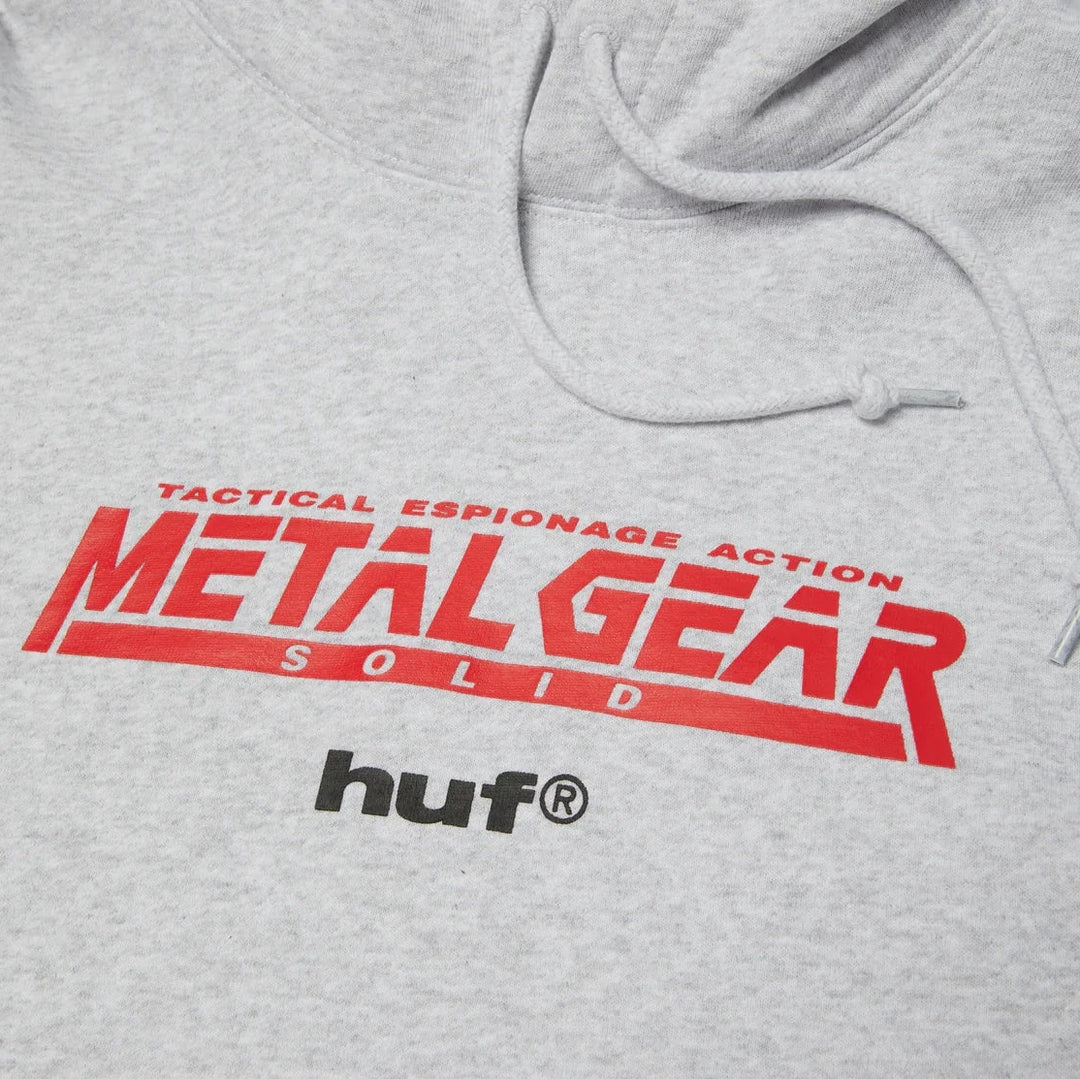 Gray hoodie with red and black 'Metal Gear Solid' and 'huf' logos.