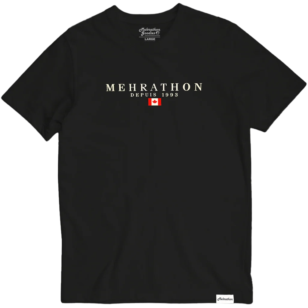 Mehrathon Trading Depuis Tee Black with raised applique “Depuis 1993” lettering and Canadian flag graphic.