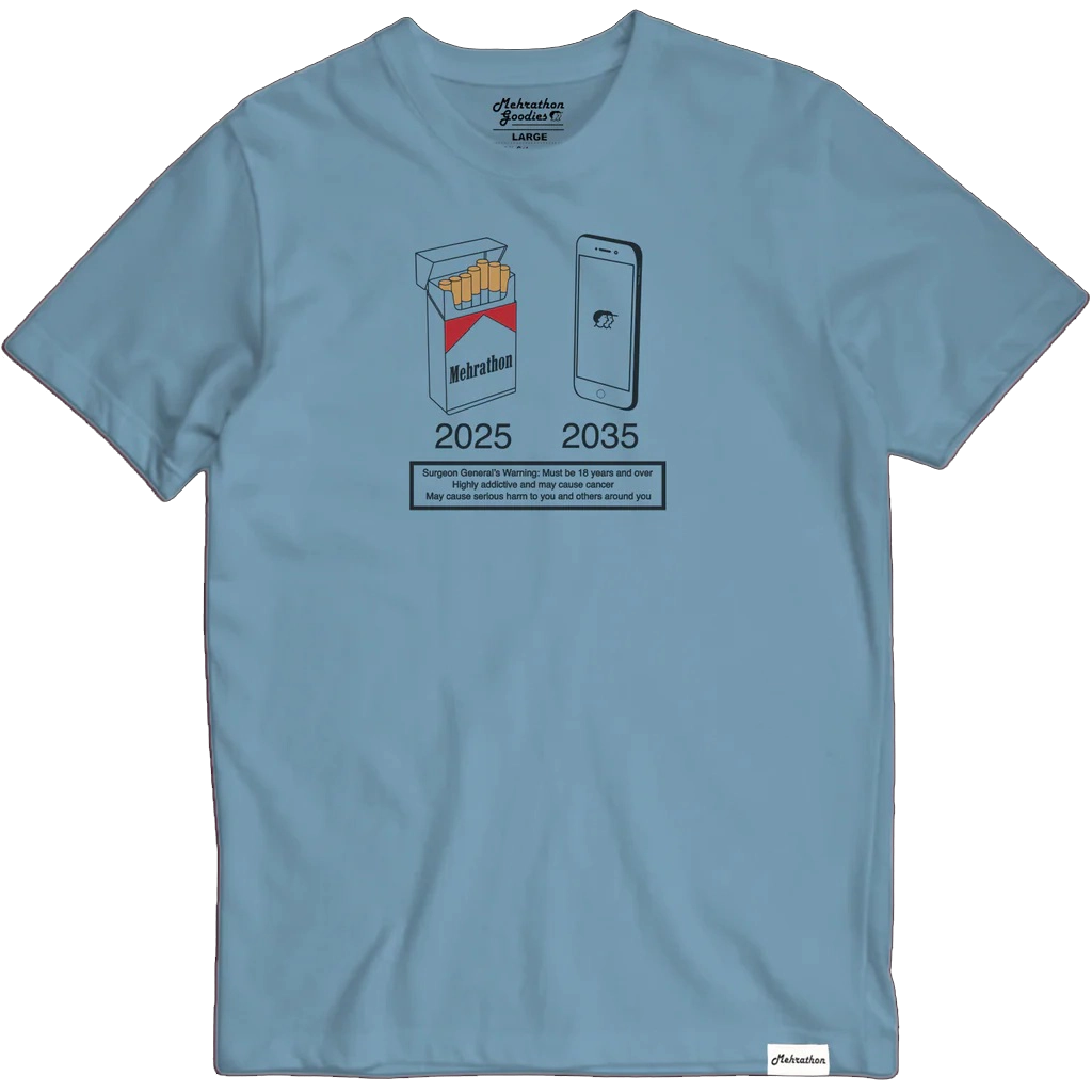 Mehrathon Trading Hindsight Tee Blue with cigarette and phone graphic, “2025 / 2035” design, and printed warning label.