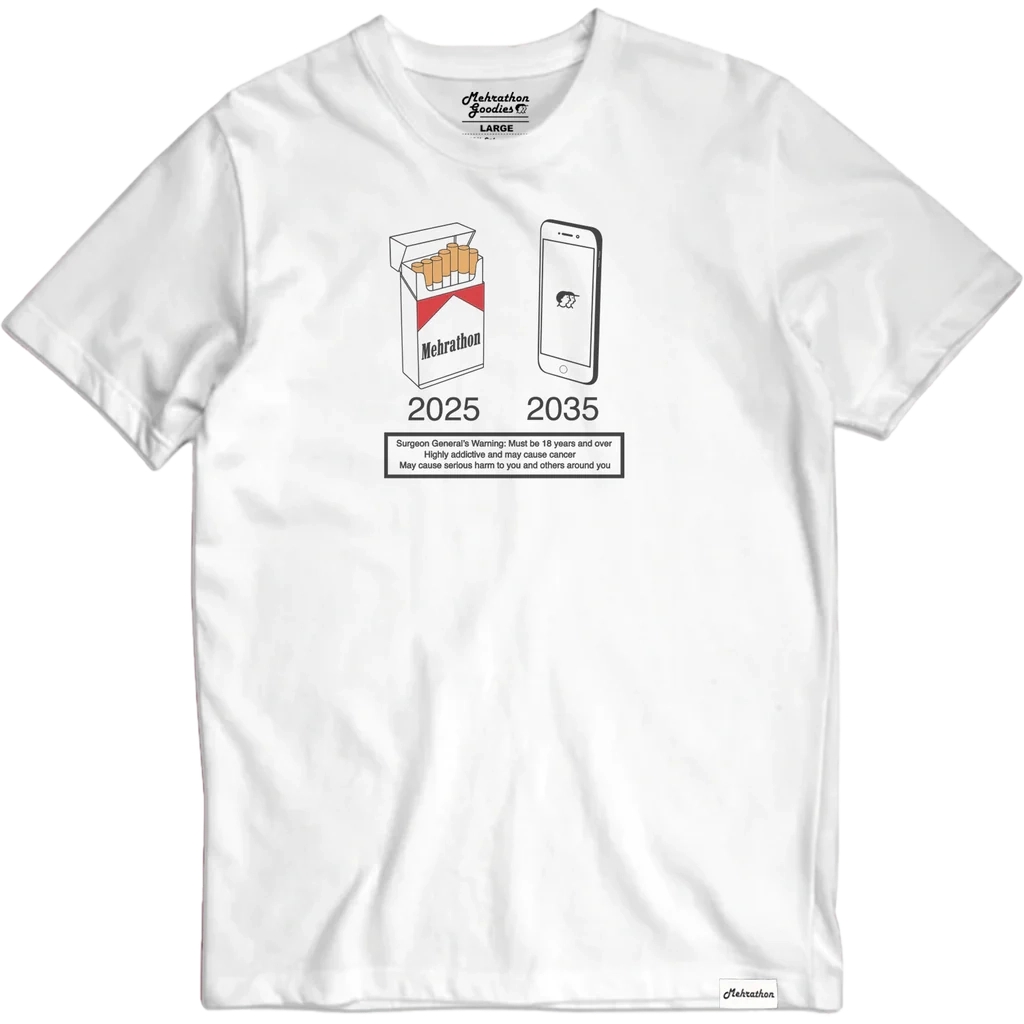 Mehrathon Trading Hindsight Tee White featuring cigarette and smartphone 2025/2035 graphic with printed warning label.
