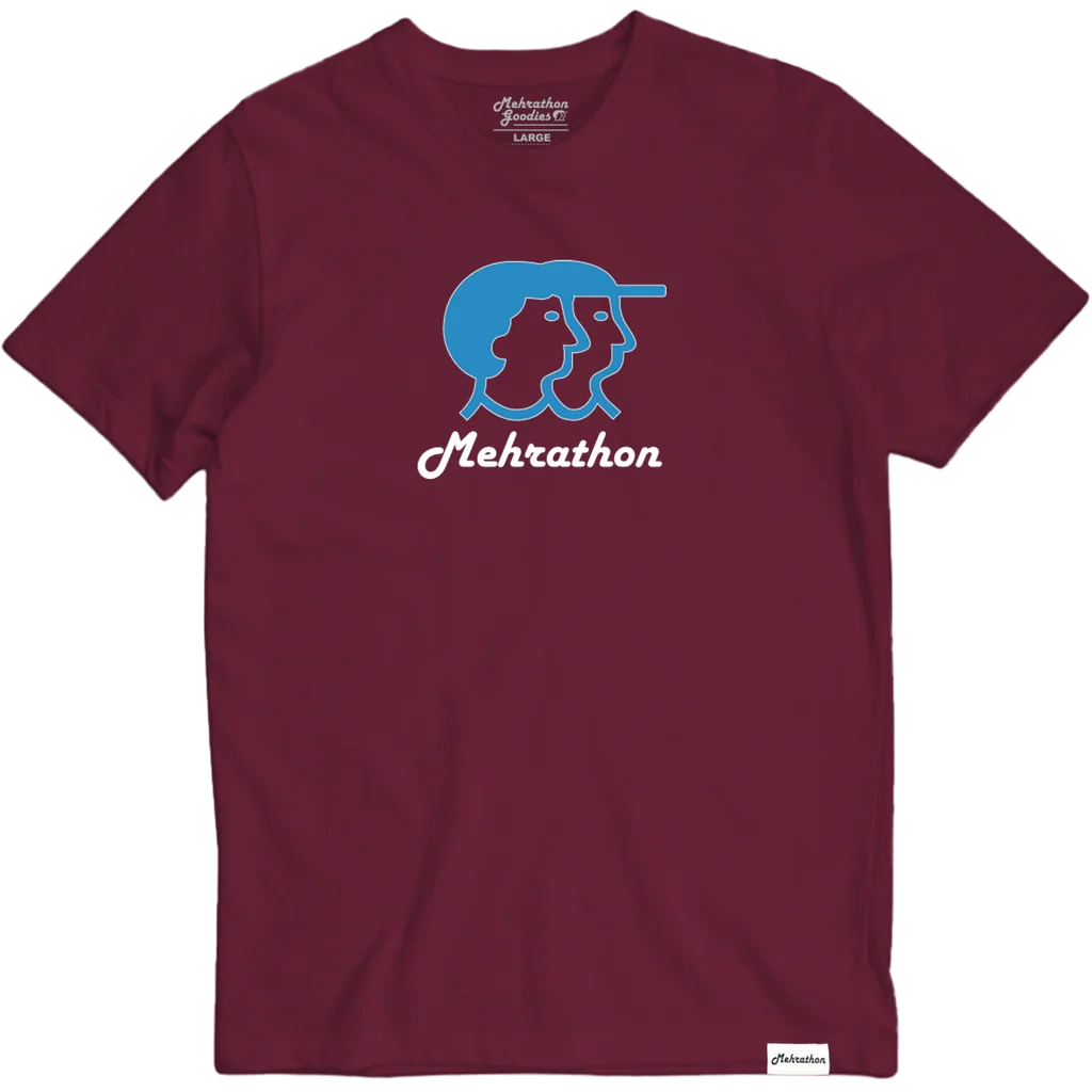 Mehrathon Trading R&S Tee Burgundy with blue and white logo graphic on chest and woven hem tag.