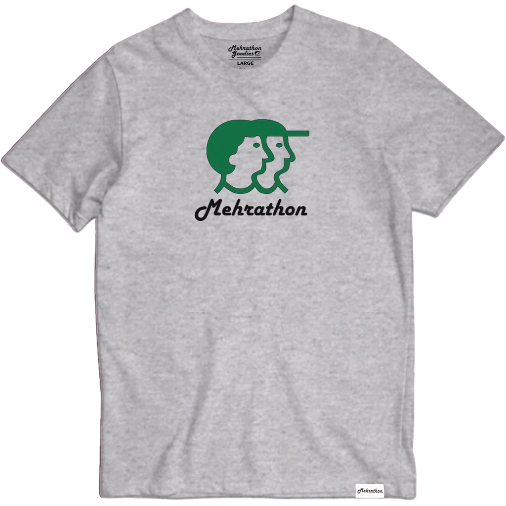 Mehrathon Trading R&S Tee Grey with green and black logo graphic on chest and woven hem tag.