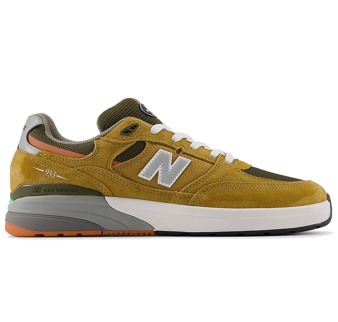 New Balance Numeric 933 Andrew Reynolds shoe in camel and dark brown with suede upper, cupsole support, and pro-level skate design.
