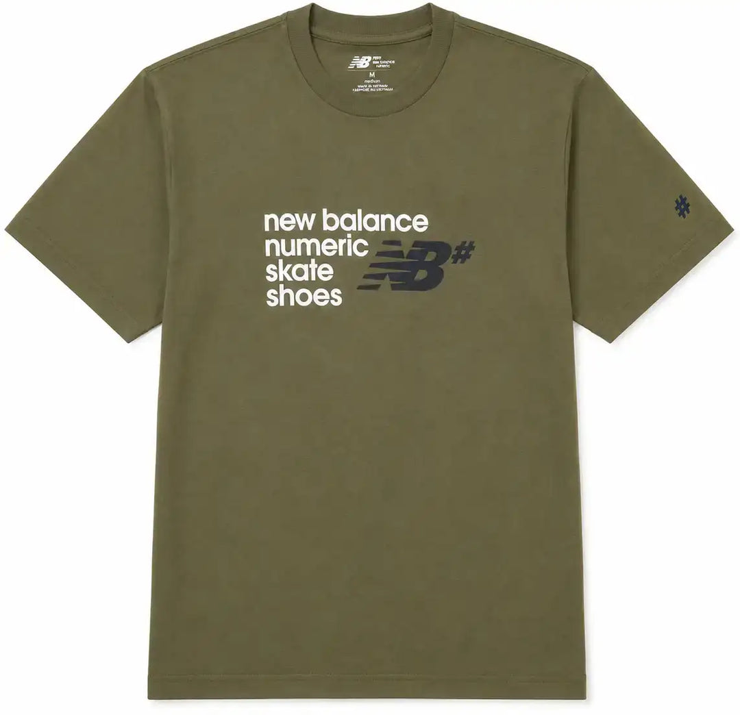 New Balance Numeric Stacked Tee Wakame olive green with front logo graphic