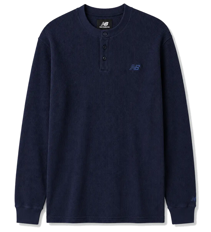 New Balance Numeric Premium Waffle Long Sleeve Tee in Dark Night Blue with embroidered NB logo