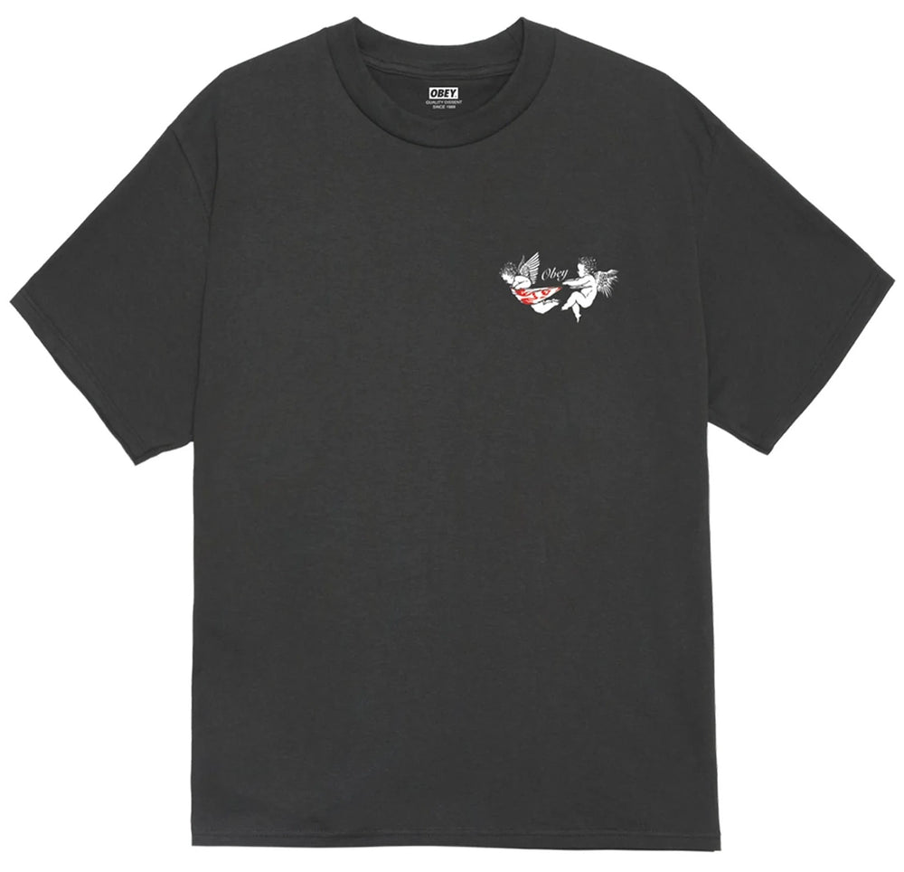 Black t-shirt with a small graphic on the chest against a white background