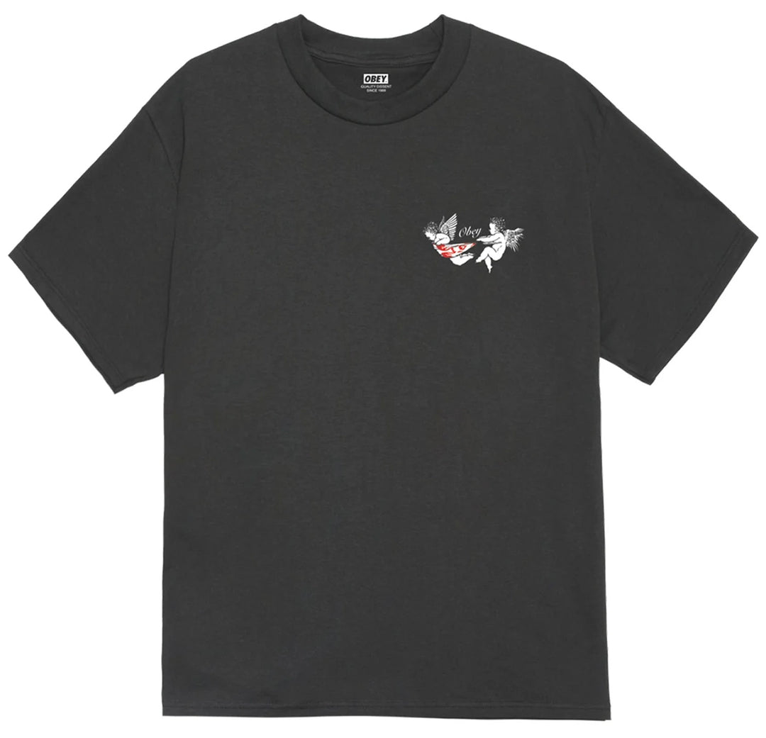 Black t-shirt with a small graphic on the chest against a white background