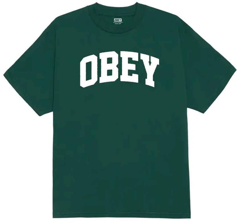 Green t-shirt with 'OBEY' printed in white on a white background