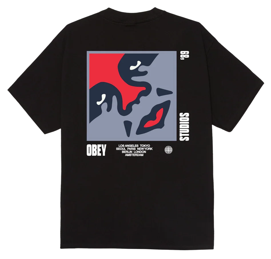 OBEY Icon 89 Tee in Black with global city graphic and large OBEY artwork on the back