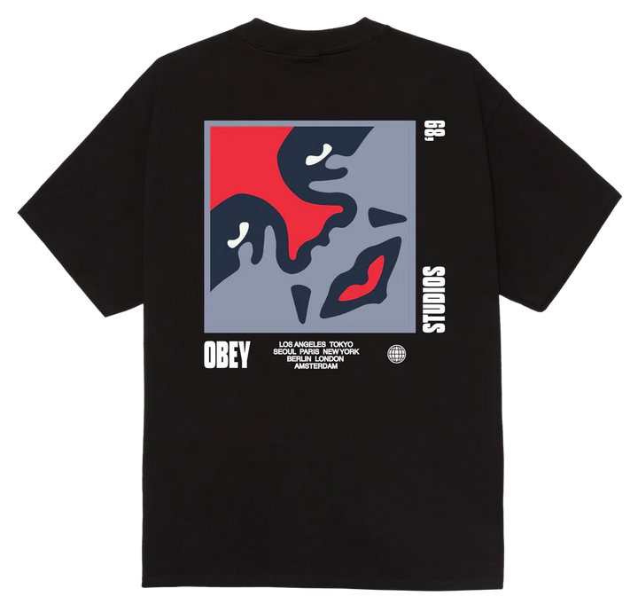 OBEY Icon 89 Tee in Black with global city graphic and large OBEY artwork on the back