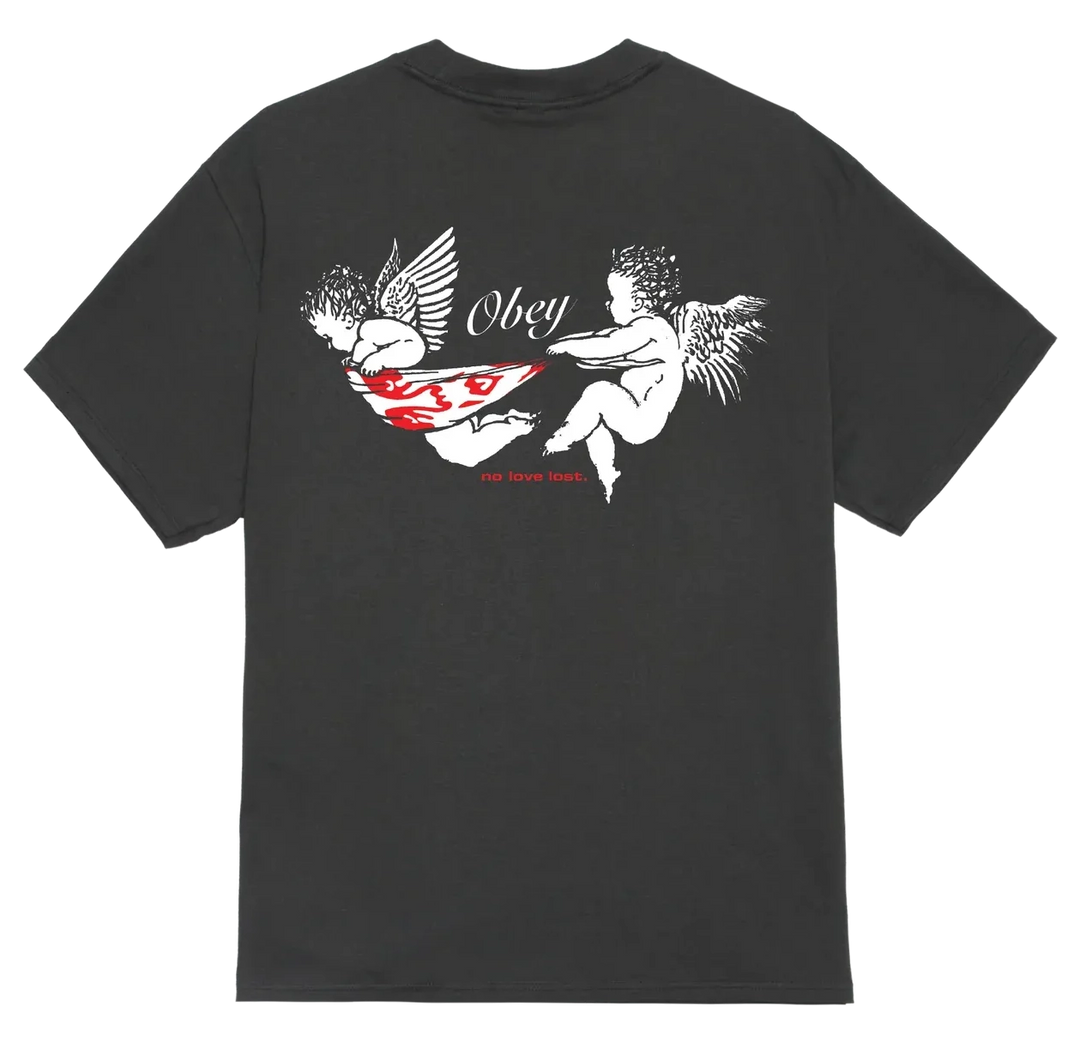 OBEY No Love Lost Tee in Vintage Black with cherub graphic and "No Love Lost" back print