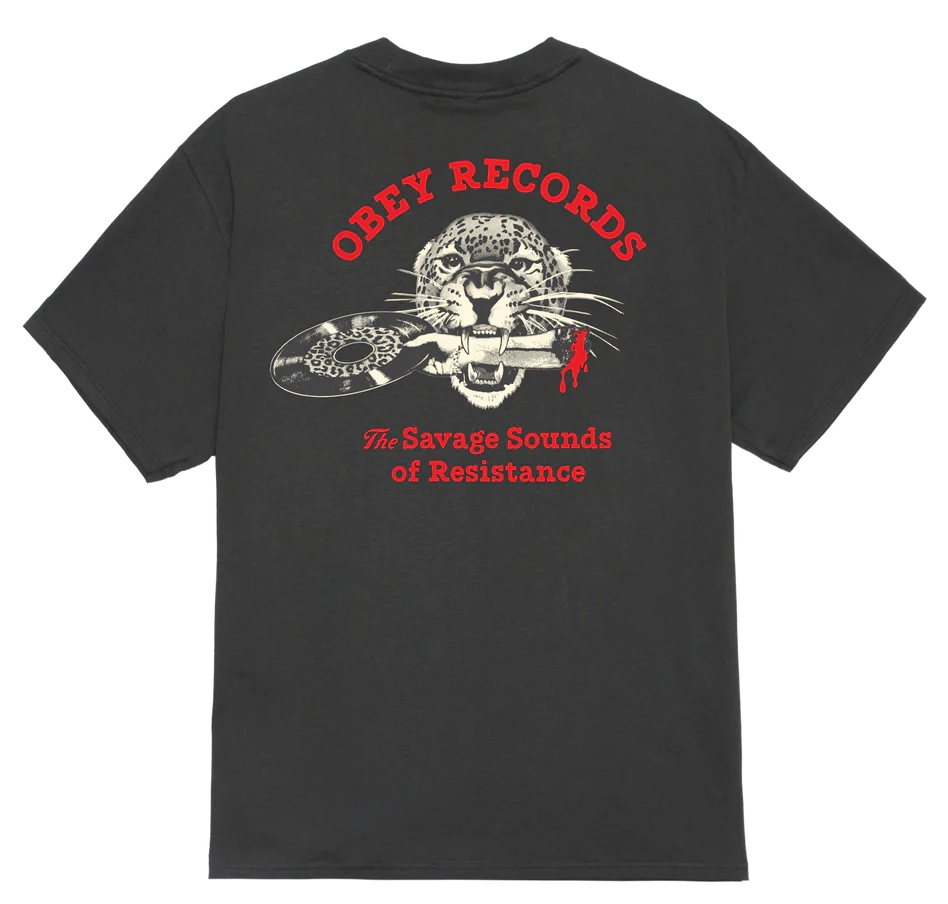 OBEY Savage Sounds Leopard Tee in Vintage Black with OBEY Records leopard graphic on the back