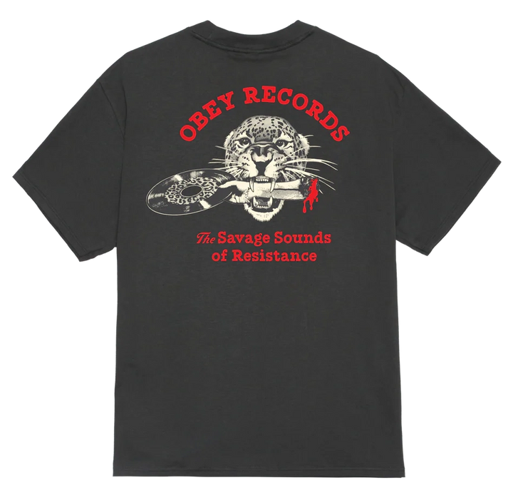 OBEY Savage Sounds Leopard Tee in Vintage Black with OBEY Records leopard graphic on the back