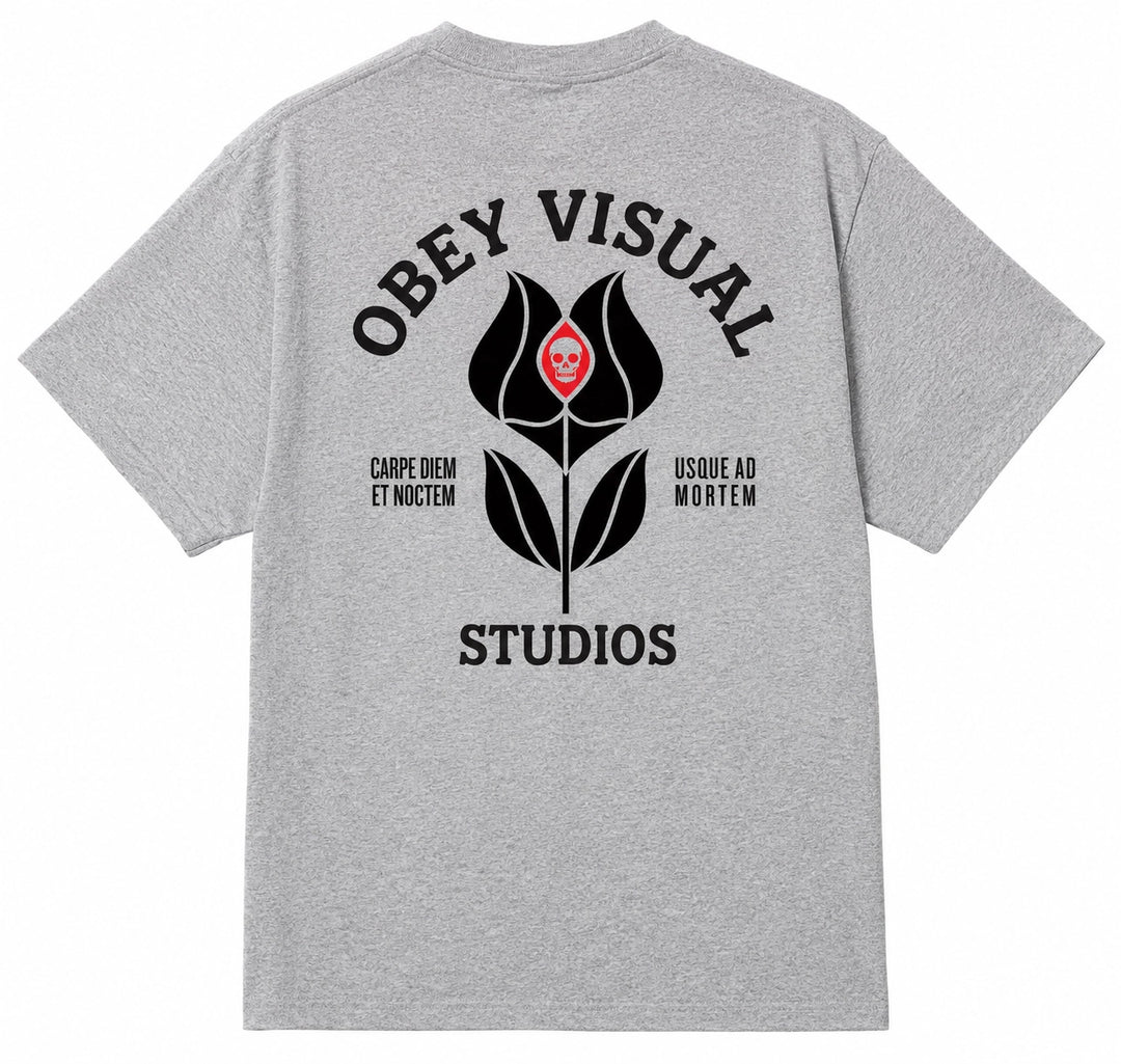 OBEY Visual Studios Flower Tee in Heather Grey with floral back graphic and small chest logo