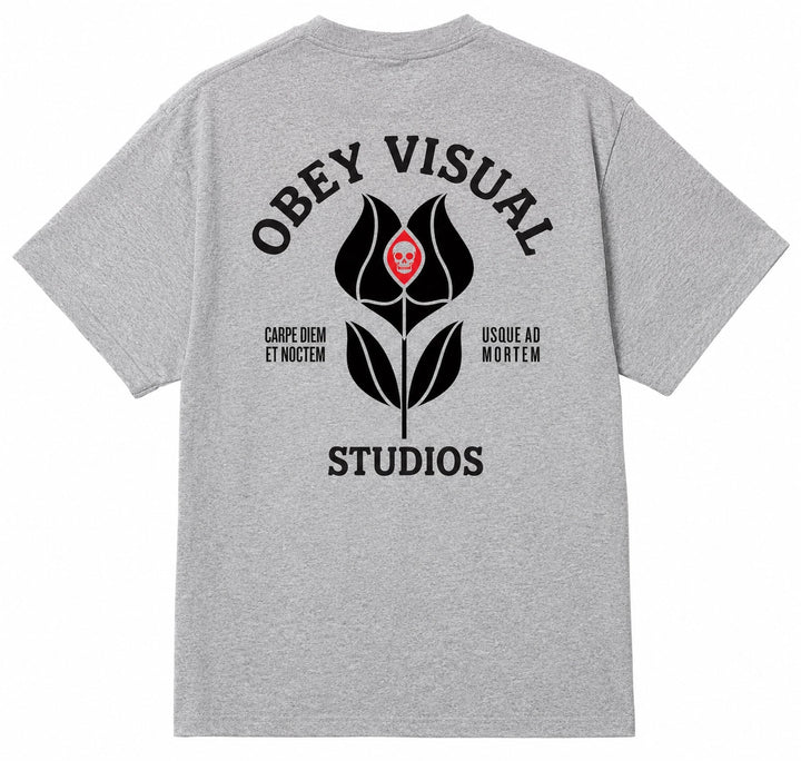 OBEY Visual Studios Flower Tee in Heather Grey with floral back graphic and small chest logo