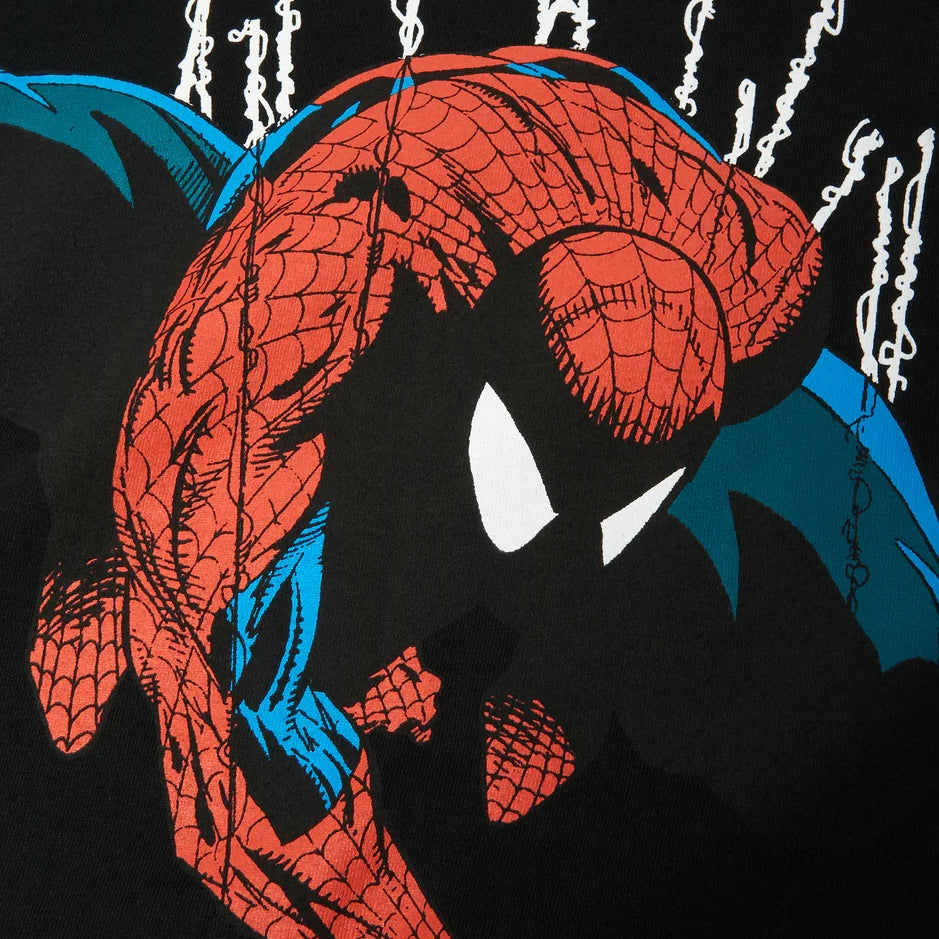 Close-up of Spider-Man artwork on HUF x Spider-Man Perceptions Tee in black