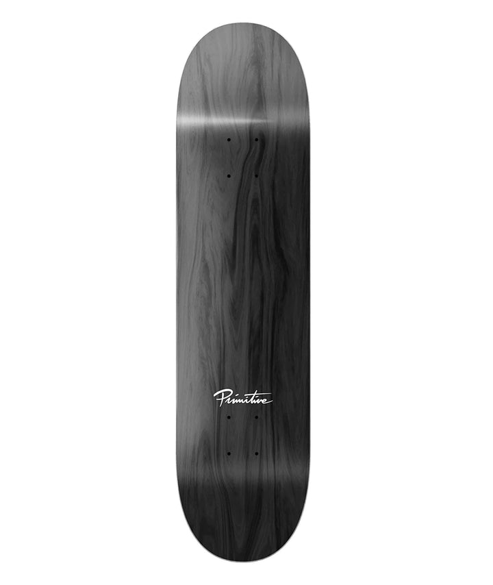 Black skateboard deck with a logo on a white background