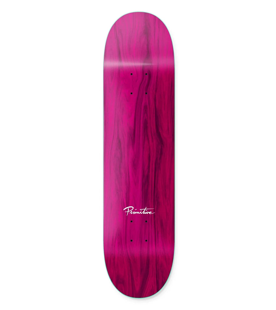 Pink skateboard deck with a logo on a white background