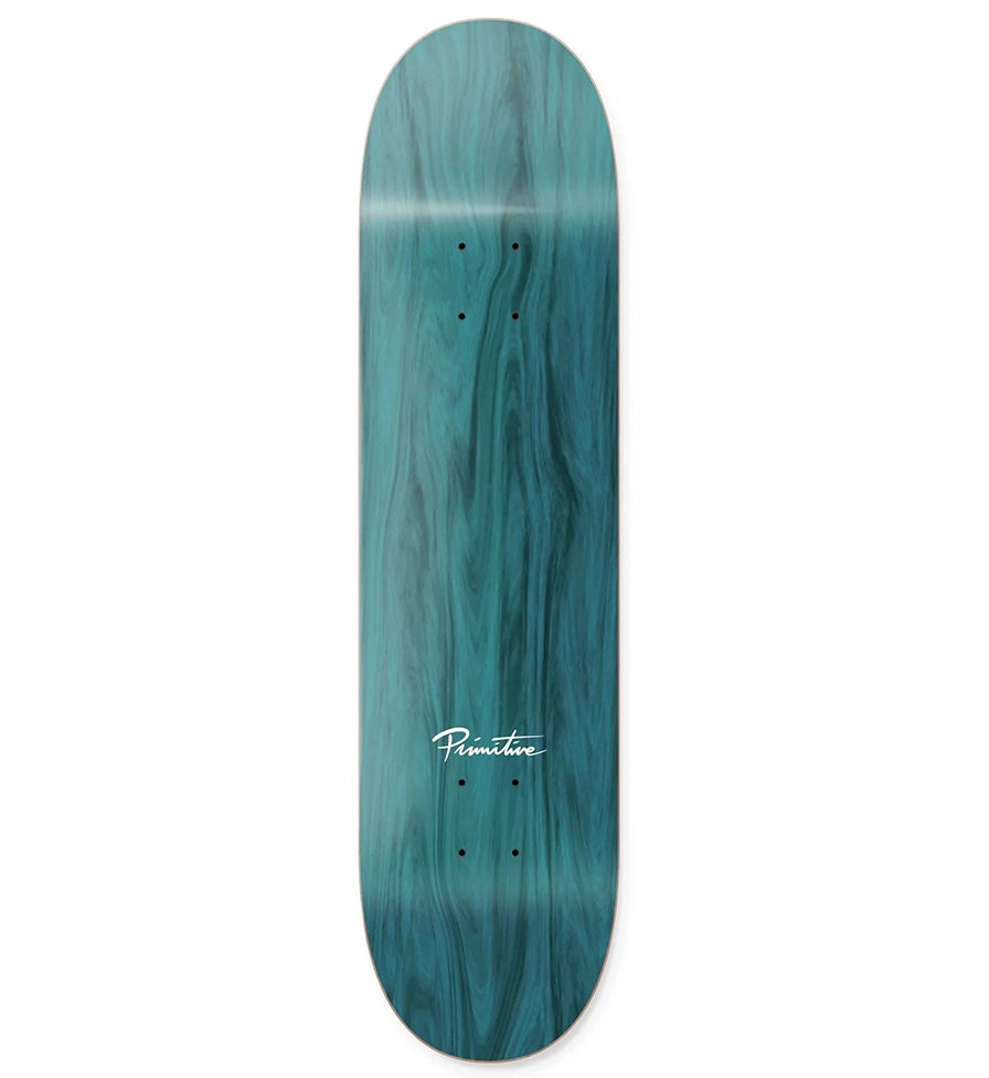 Teal skateboard deck with 'Primitive' logo on a white background