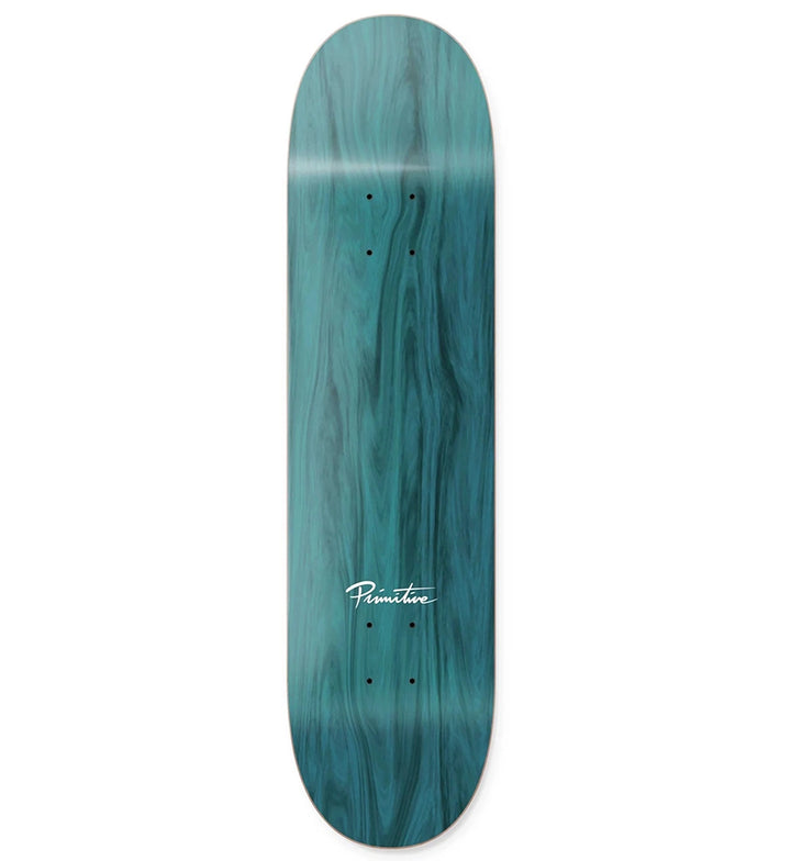 Teal skateboard deck with 'Primitive' logo on a white background