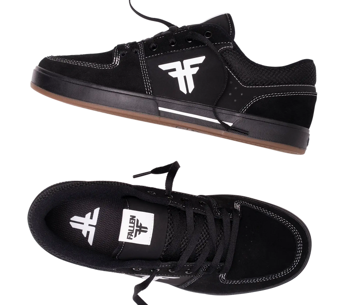 Black sneakers with a white logo on a white background