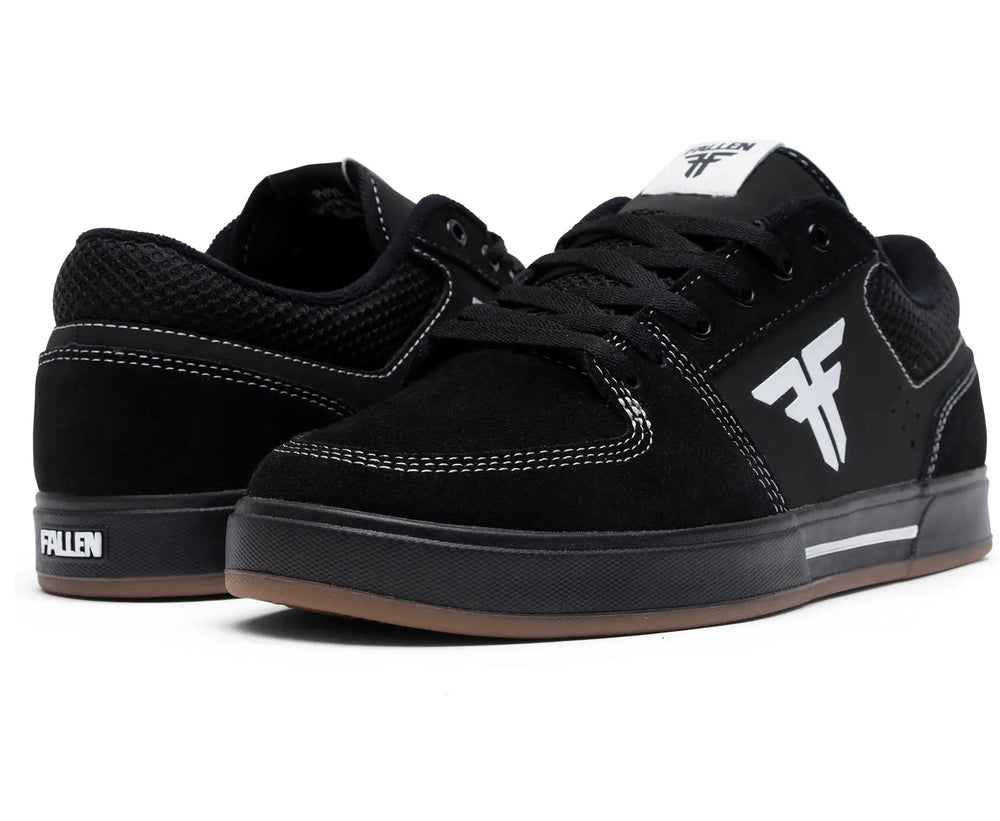 Black sneakers with a brand logo on a white background