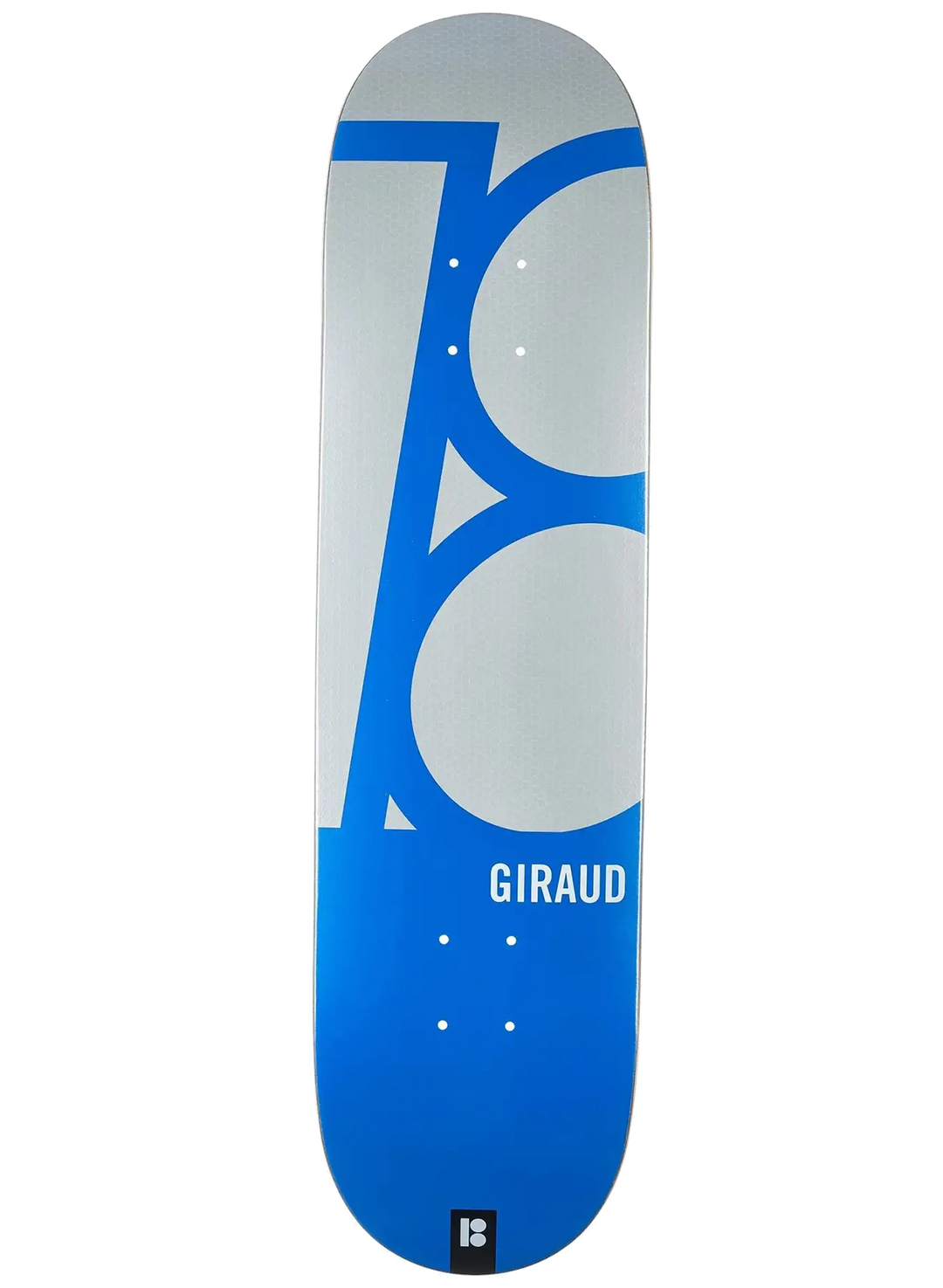 Plan B Angled Giraud 8.125 skateboard deck with metallic foil silver and blue graphic and embossed texture