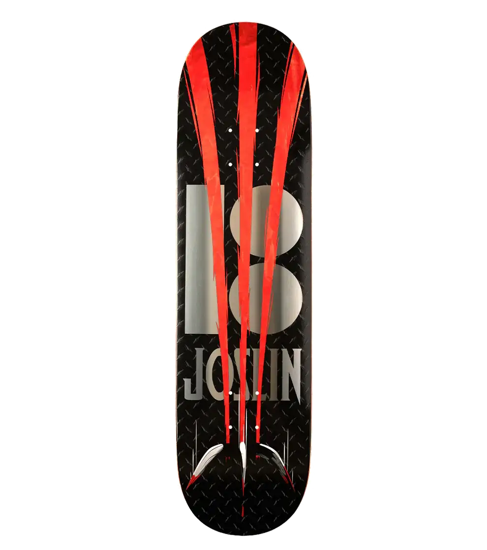 Plan B Snikt Variant Joslin 8.375 twin tail skateboard deck with chrome foil logo, red claw graphics, and embossed texture