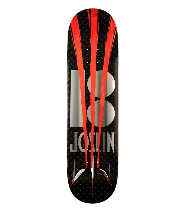 Plan B Snikt Variant Joslin 8.375 twin tail skateboard deck with chrome foil logo, red claw graphics, and embossed texture