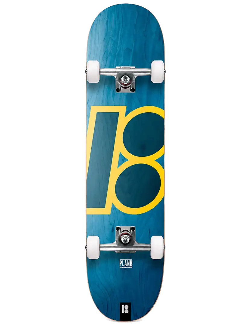 Plan B Team Classic Stained 8.0 complete skateboard with blue stained veneer graphic
