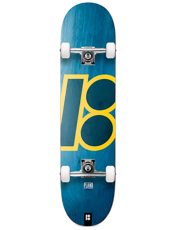 Plan B Team Classic Stained 8.0 complete skateboard with blue stained veneer graphic