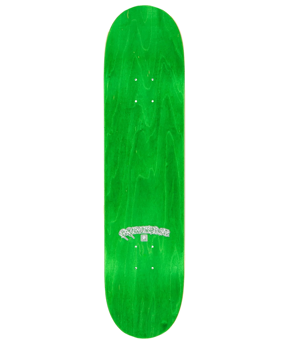 A bright green skateboard deck with a natural wood grain pattern and a white graphic near the bottom, shown against a plain white background.