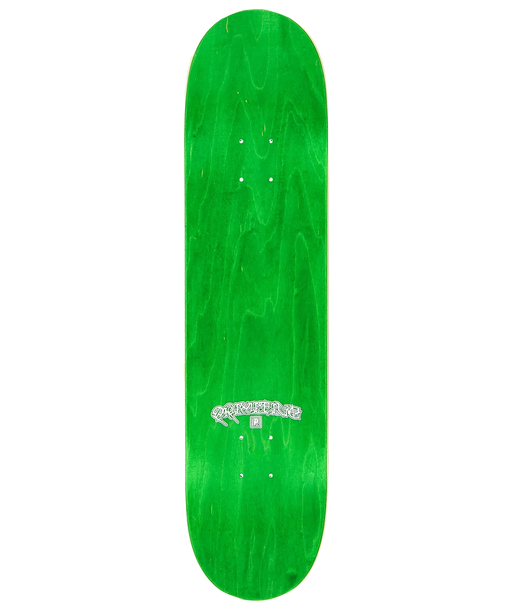 A bright green skateboard deck with a natural wood grain pattern and a white graphic near the bottom, shown against a plain white background.