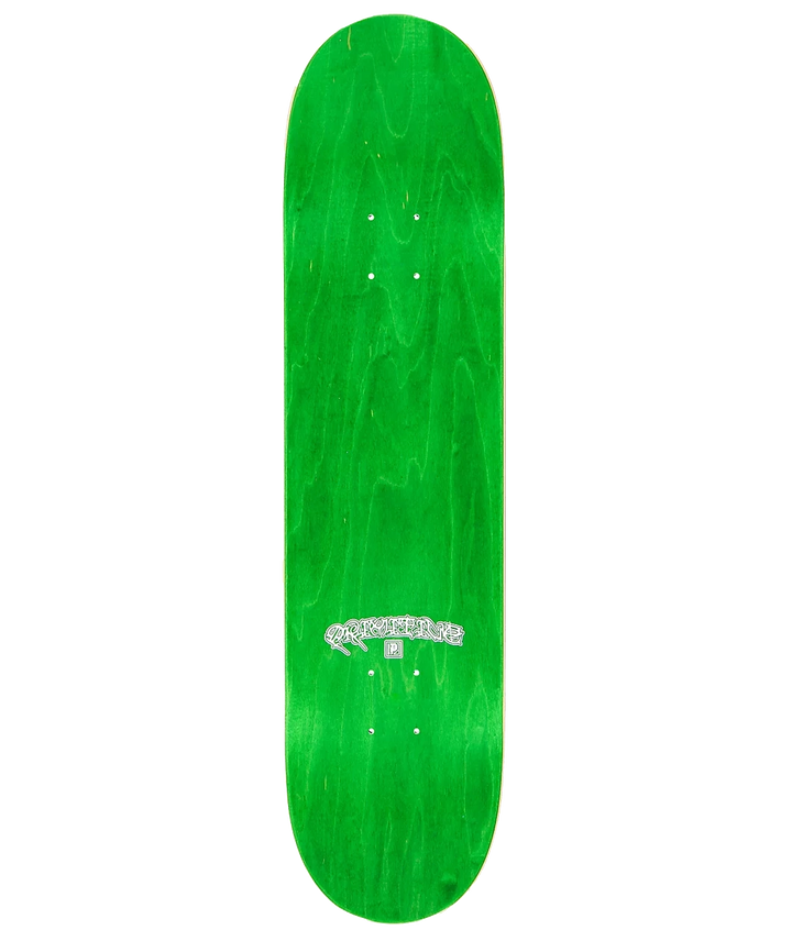A bright green skateboard deck with a natural wood grain pattern and a white graphic near the bottom, shown against a plain white background.