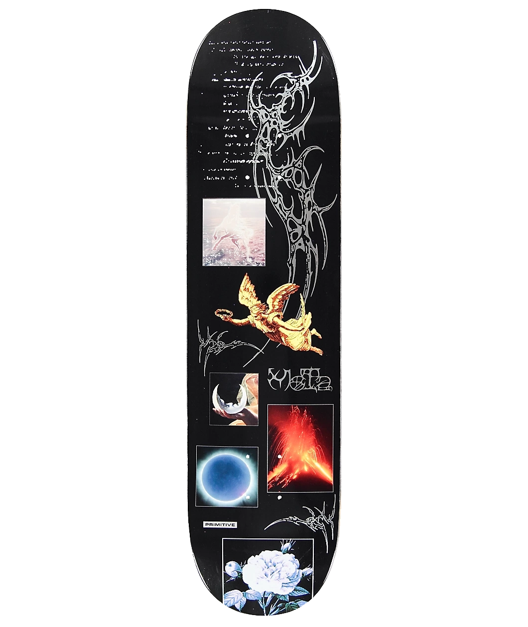 Primitive Mota Energy 8.0 skateboard deck with black graphic, silver foil and mixed-media artwork.